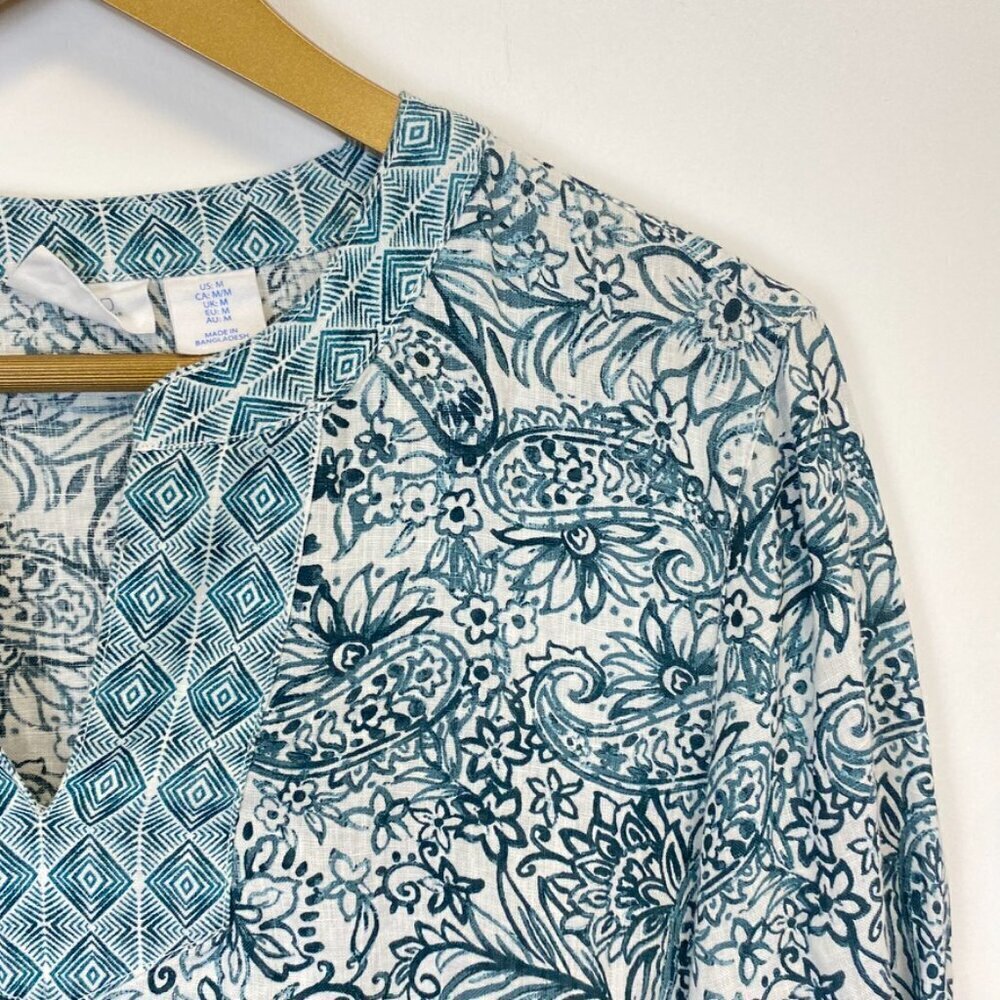 Sigrid Olsen 100% Linen Teal and White Paisley Tunic - Picture 3 of 11
